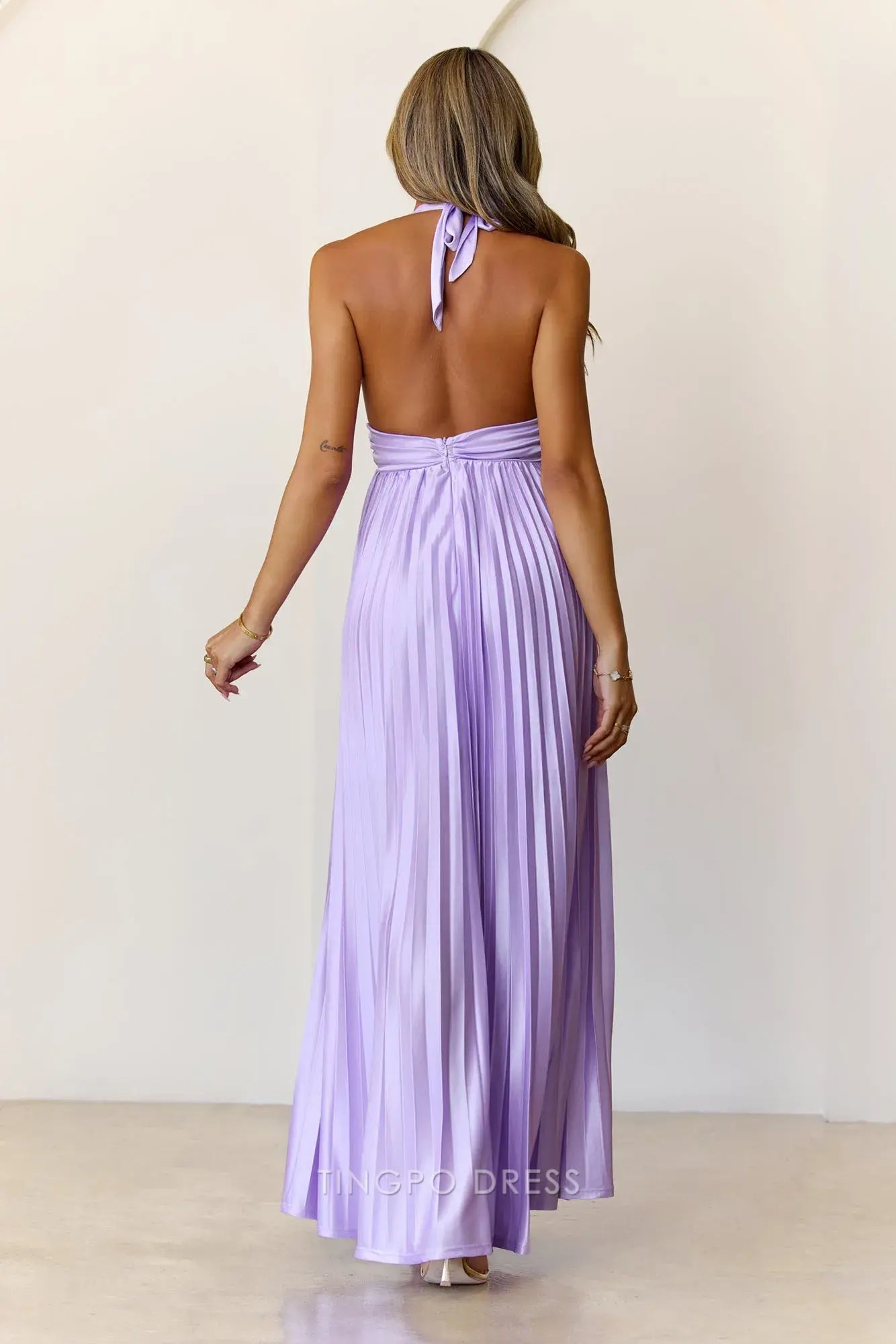 Elegant Halter Neck Deep V - Neck Pleated Maxi Dress with Open Back Prom Dress